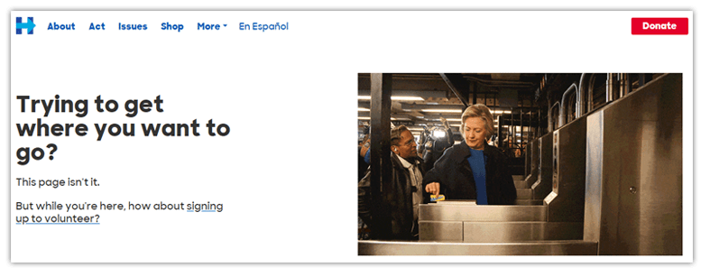 Ejemplo página de error 404: Hillary Clinton
