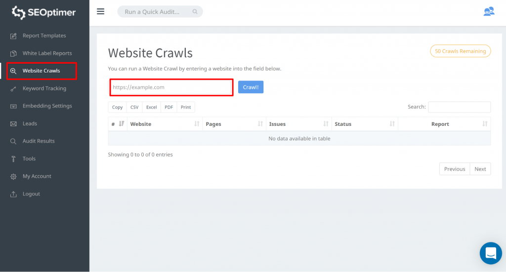 enter your website url and hit "crawl" seoptimer tool